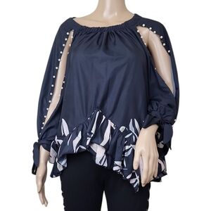 Pearl Cut Out Tie Leaf Flutter Blouse